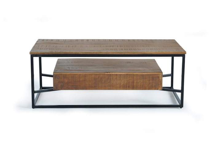GINER Y COLOMER Mesa de Centro Industrial con Cajones en Madera de Mango y Metal Natural 120x60cm